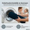 Donkerblauwe badmat wordt in een wasmachine geplaatst. Op de achtergrond een vrouw met kind.