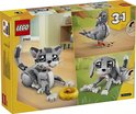 Boîte LEGO Creator 3 en 1 montrant un chat, un chien et un pigeon. Le chat est gris rayé de noir avec une gamelle jaune.