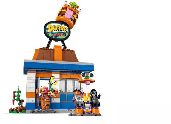 Restaurant LEGO Durrr Burger avec un jouet hamburger, des figurines, une grenouille et un robot.
