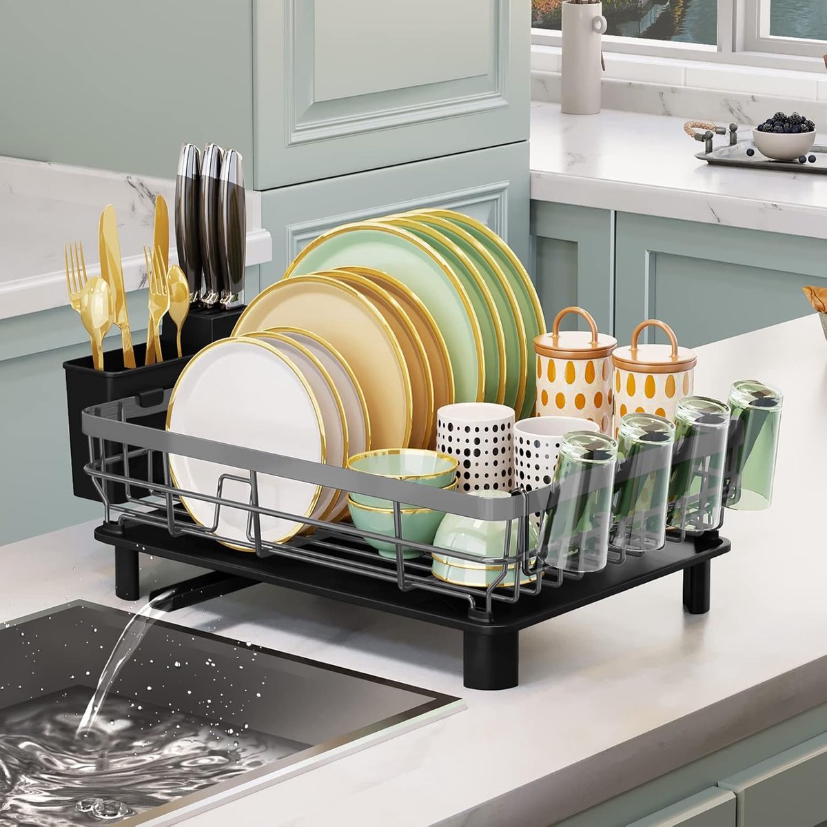 SnelShoppen - Afdruiprek met Lekbak - Groot Afwasdroogrek Metalen Dish Drainer met Vorkhouder en Bekerhouder - Grijs Keukenaccessoire voor Eenvoudig A