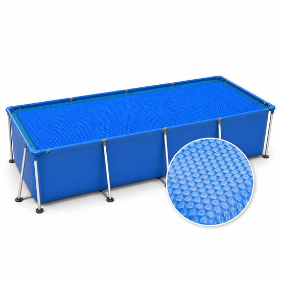 Blauwe rechthoekige zwembadafdekking met noppenfolie, 439x208 cm.