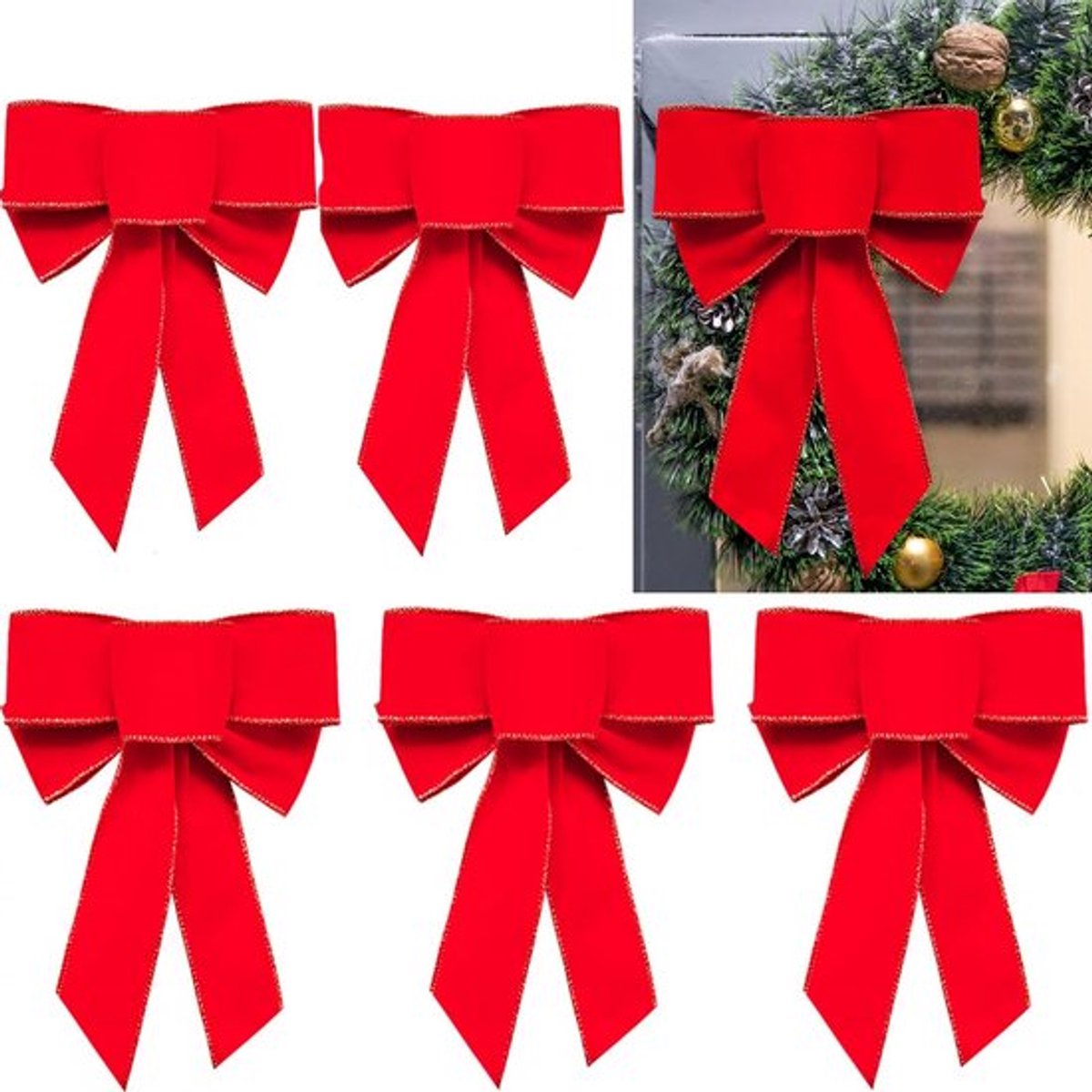 - Kerstdecoratie - Grote Kerststrikken - Luxe uitstraling - Rood - Versiering voor Kerstboom en Deur - 6 Stuks - 9.5x7 Inch