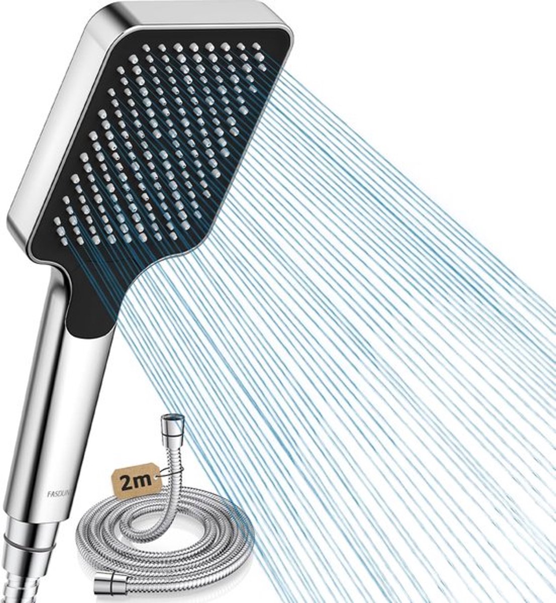 Thijox - Douchekop met slang 2m, Hogedruk Regendouche met 9,5 l/min Doorstroombegrenzer, Waterbesparend en 40% Lagere Waterkosten voor Thuis, Tuin, Ca