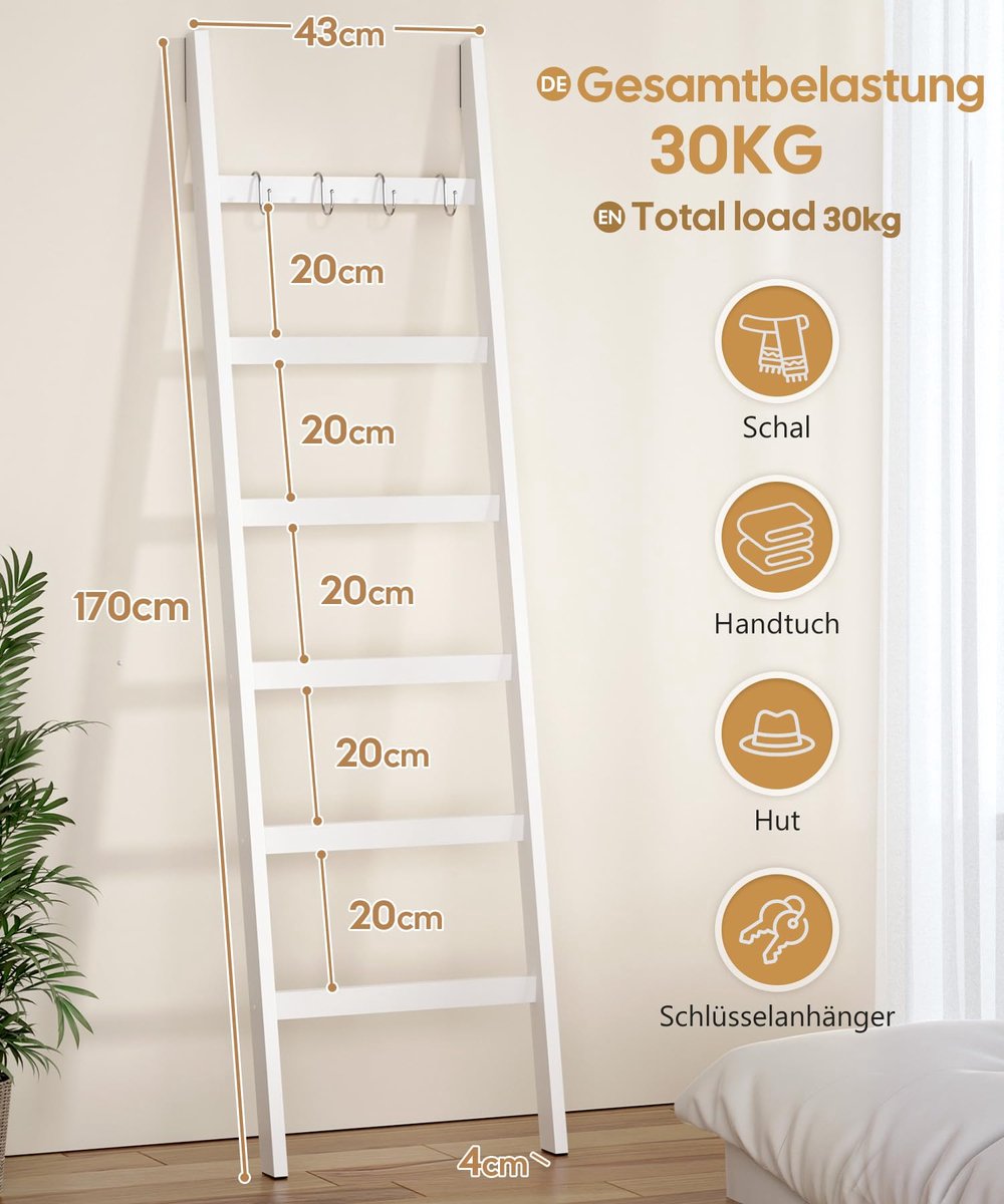 SnelShoppen - Handdoekladder Bamboe 6 Sporten Kledingladder met 2 Valveiligheidsriemen en 4 Haken Badkamer Decoratie Wit 170x43 cm