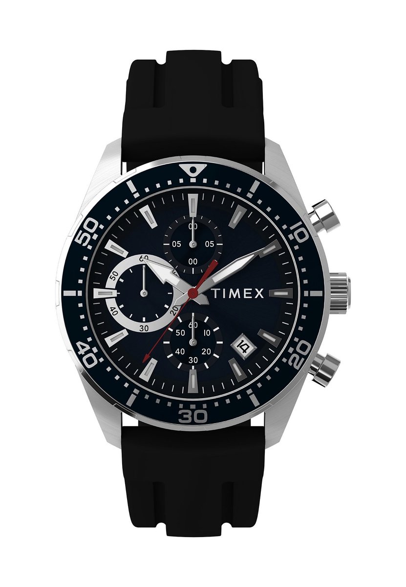 Timex Ridgefield Chronograph Quartz Chronograaf Horloge Zwart En Zilverkleurig Kast Gemaakt Van 100% Roestvrij Staal En Een Armband Van 100% Siliconen 42 TW2Y62300AJ