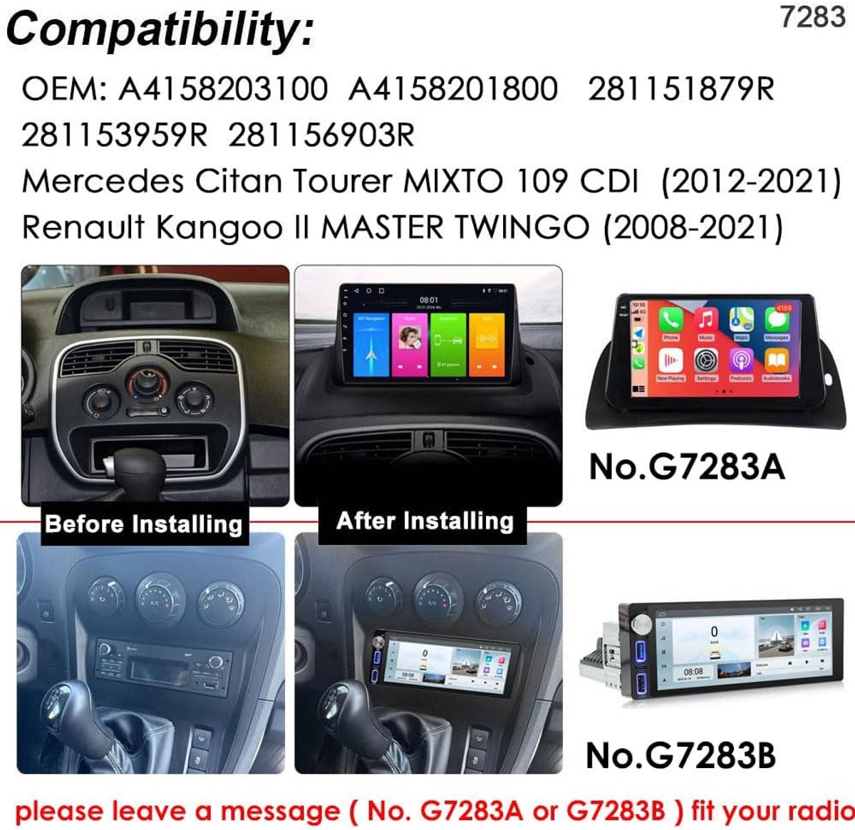 SnelShoppen - Car Radio, 7 Inch HD Touch Screen, GPS Navigatie, Carplay/Android Auto, Plug and Play voor Renault Kangoo II, Master, TWINGO 2008-2021,