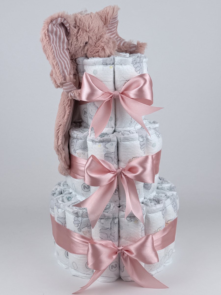 Chouette-Chouette | Luiertaart Meisje | Kraamcadeau | Geboorte Meisje | Babyshower | Tuttle Olifant Emily donker Poeder Roze