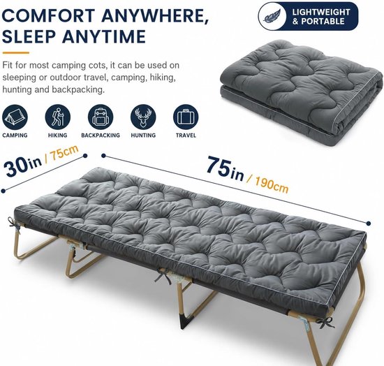 ONF3 - Dikke slaapmat - Campingmatras - Gewatteerd comfort - 190 x 75 cm - Draagbaar en lichtgewicht - Perfect voor kamperen - Grijs van Merkloos — afbeelding 3