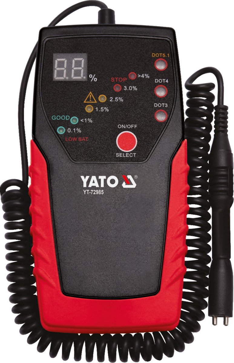 YATO YT-72985 Professionele Remvloeistoftester – Voor DOT3, DOT4 & DOT5.1 – Met LCD Display & 6 LED's – Flexibele Sonde (180 cm) – Met Akoestisch Signaal