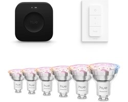Philips Hue Starterspakket - GU10 - met 6 Spotjes - Wit en Gekleurd Licht - Incl. Hue Bridge Pro, Hue Dimmer Switch - Hue White an Color Ambiance Essentials