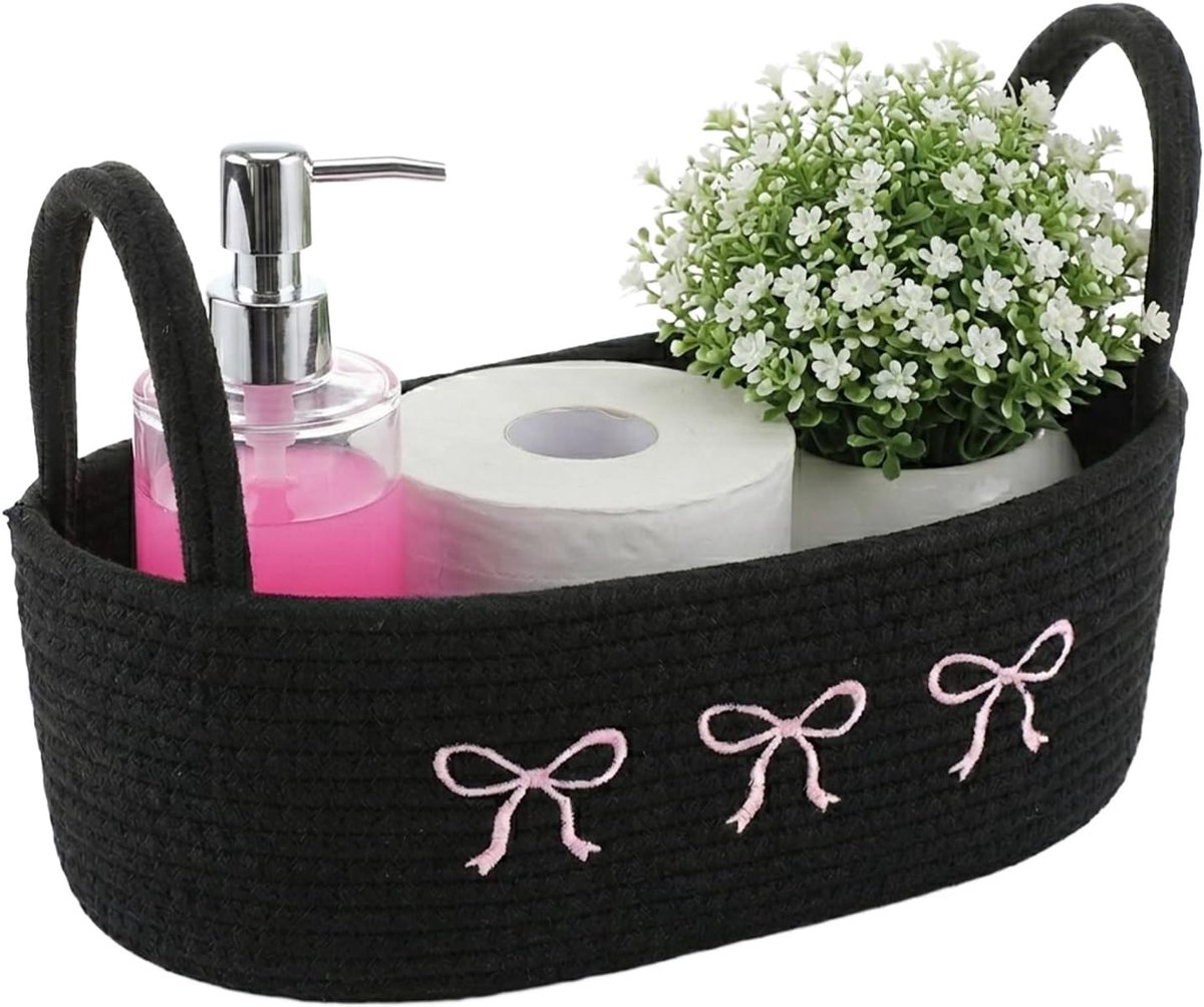 SnelShoppen - Roze strik geweven opbergmand met geschenkzakjes en linten - multifunctionele toiletpapiermand, opbergmand met handgrepen voor kast, bad