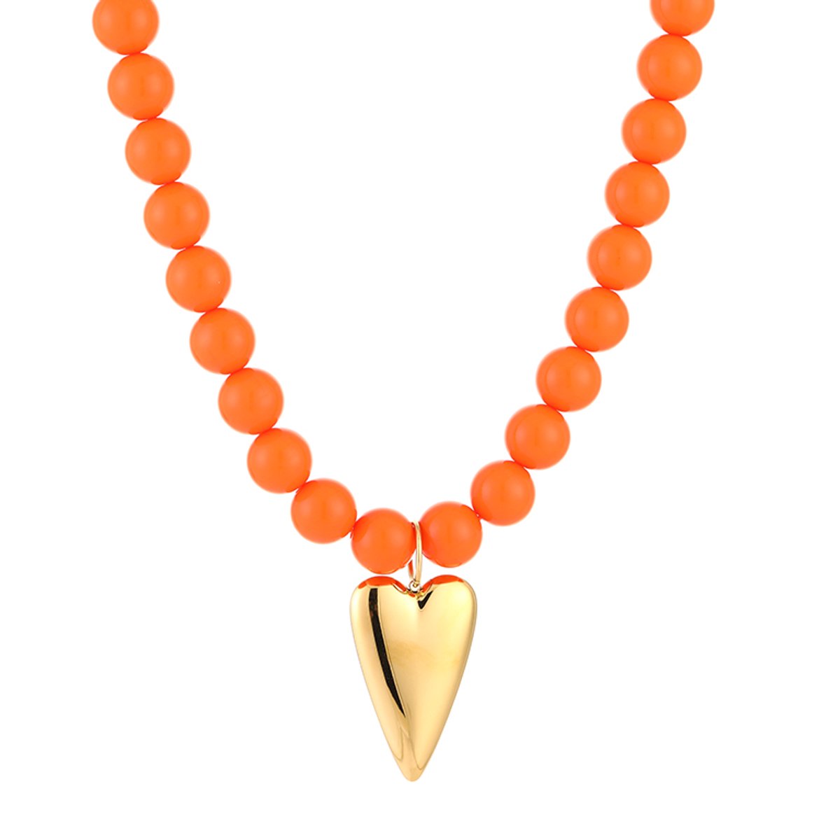 Vrolijke Dames Kralenketting - Matte Kralen met Glanzend Langwerpig Hart Bedel - Oranje