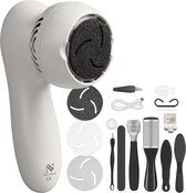 Witte elektrische eeltverwijderaar van Nuvance met USB-oplaadkabel en diverse accessoires zoals schuurpapier, vijlen en een eeltmes.