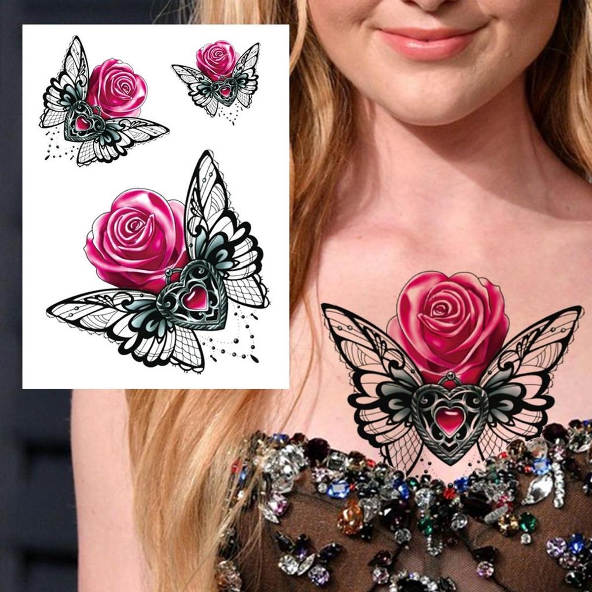 Temporary Tattoo Vlinder/Roos (A5 formaat) [Neptattoo - Tijdelijke tatoeage - Nep Fake Tattoos - Water overdraagbare festival sticker henna outfit tattoo - Glitter tattoo - Volwassenen Kinderen Jongen Meisje]