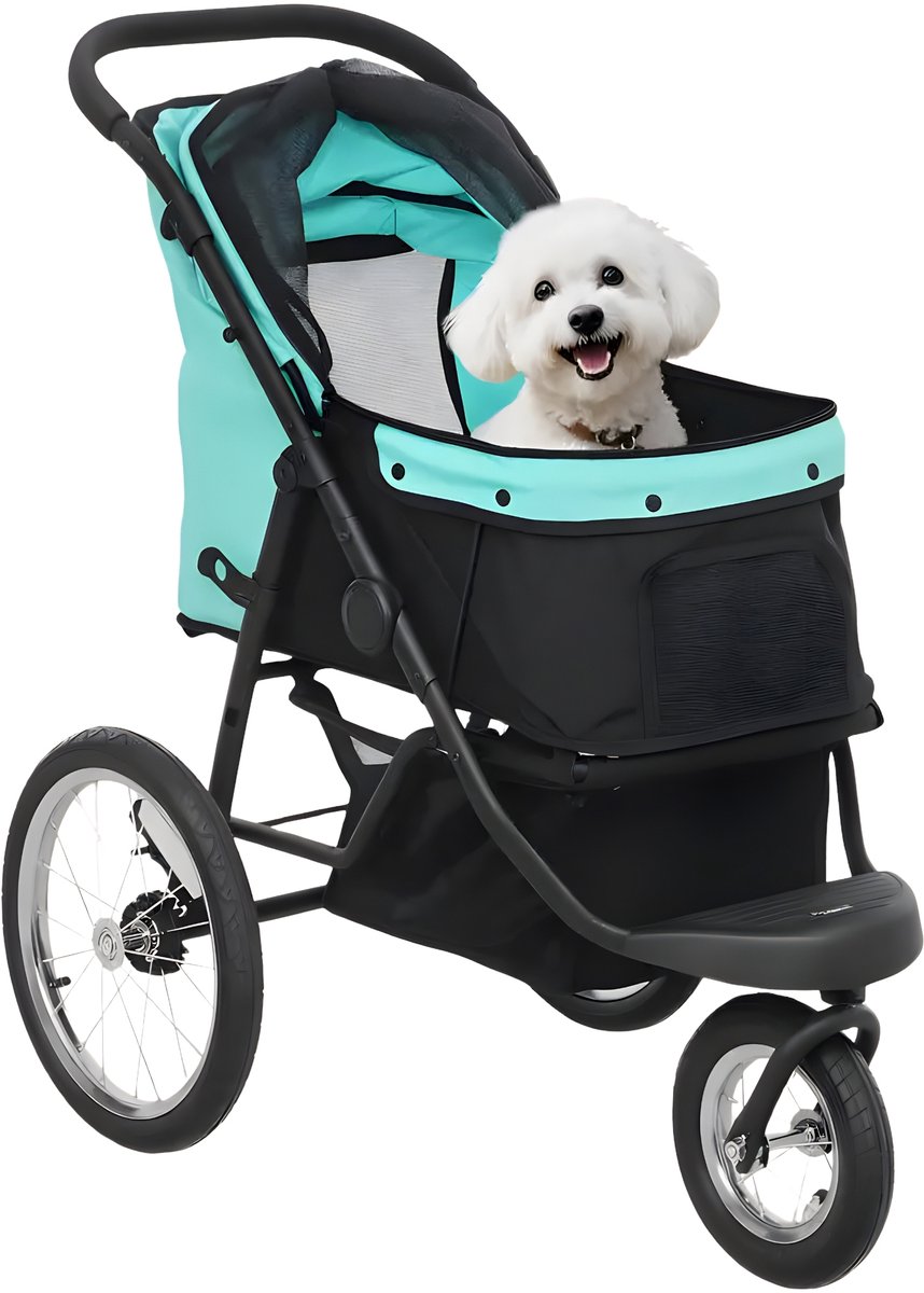 Hondenbuggy – Opvouwbare Wandelwagen voor Kleine Honden tot 10 kg met 3 Grote Rubberen Wielen – Veldgroen/Turquoise