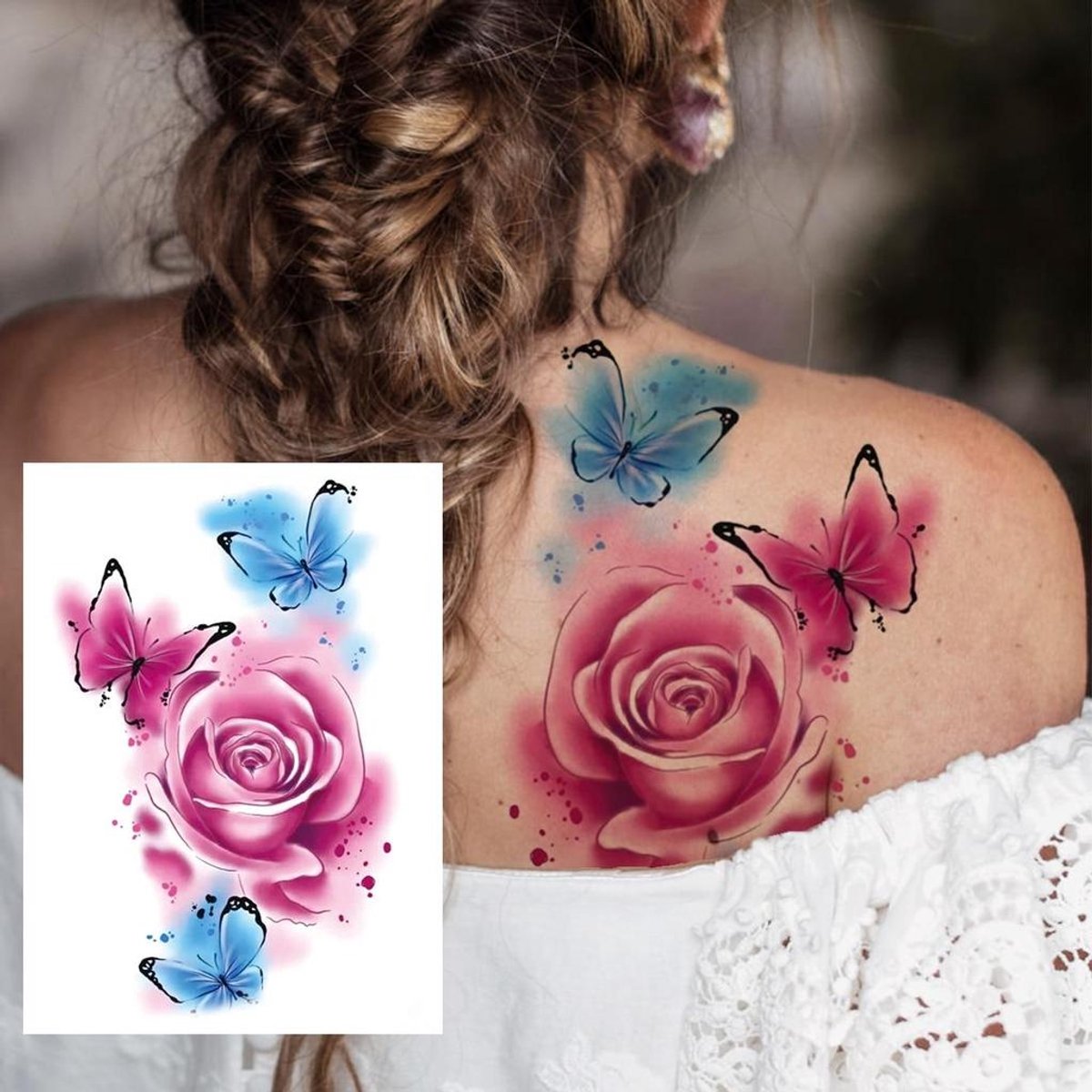 Temporary Tattoo Vlinders/Rozen Roze/Blauw (A5 formaat) [Neptattoo - Tijdelijke tatoeage - Nep Fake Tattoos - Water overdraagbare festival sticker henna outfit tattoo - Glitter tattoo - Volwassenen Kinderen Jongen Meisje]