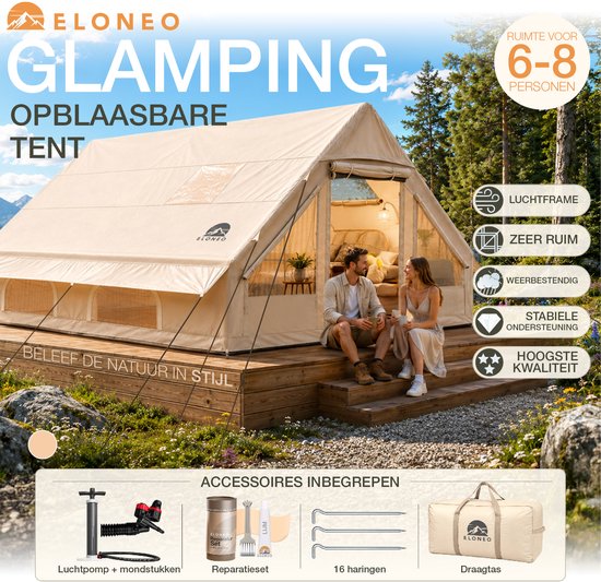 Beige ELONEO glampingtent voor 6-8 personen met luchtframe, op houten vlonder, met 2 zittende personen buiten, inclusief accessoires.