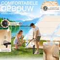 Vrouw en man blazen ELONEO glampingtent op met luchtpomp, met detail van ventilatie en beschermde luchtinlaat.