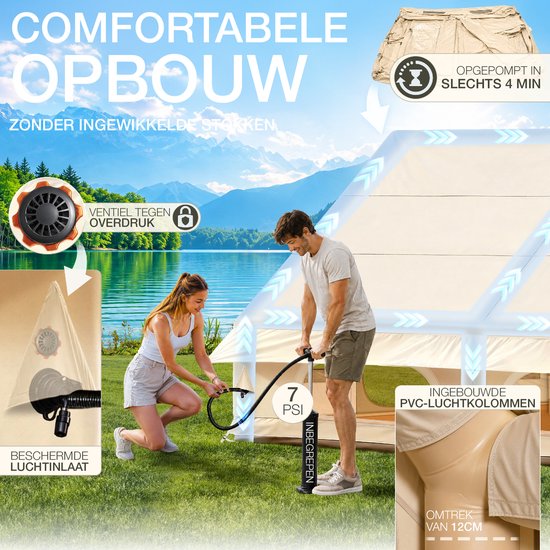 Vrouw en man blazen ELONEO glampingtent op met luchtpomp, met detail van ventilatie en beschermde luchtinlaat.