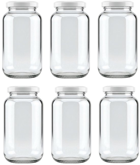 Six bocaux en verre vides de 1 litre avec couvercles à vis blancs.