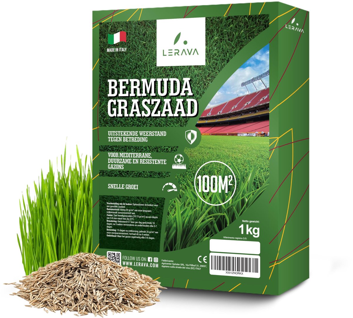 SnelShoppen - LERAVA Graszaad Bermudagras (1 kg) - Betredingsbestendig, droogtebestendig, snelgroeiend gazonzaad voor 100 m² - Ideaal voor tuin, medit