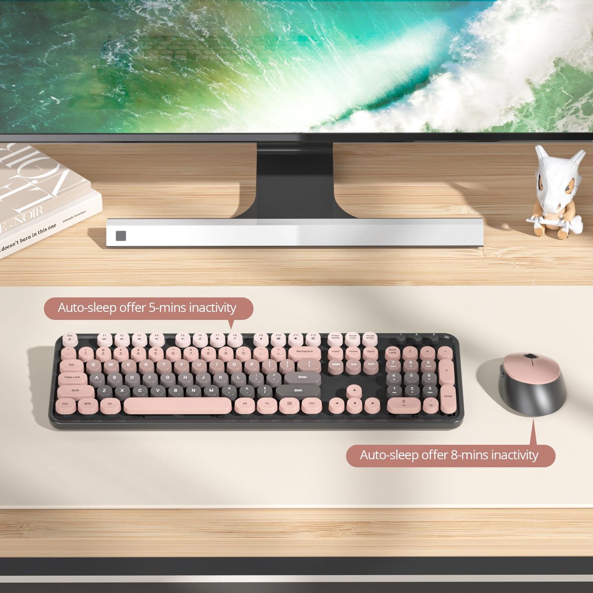 SnelShoppen - Draadloos Toetsenbord en Muis Set, Retro Typemachine Toetsenbord met Ronde Toetsen, 2.4GHz Ergonomisch met Numeriek Keypad, 104-Toetsen thumbnail 4