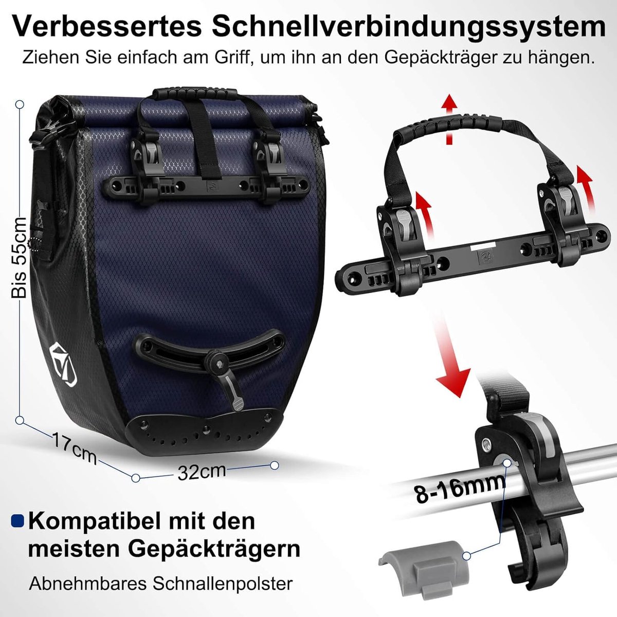 SnelShoppen - Waterdichte Fietstas voor Bagagedrager, 23-28L Achtertas met Nieuwe Generatie Gesp, Reflectoren en Vakken voor Fietsen, Ideaal voor Camp