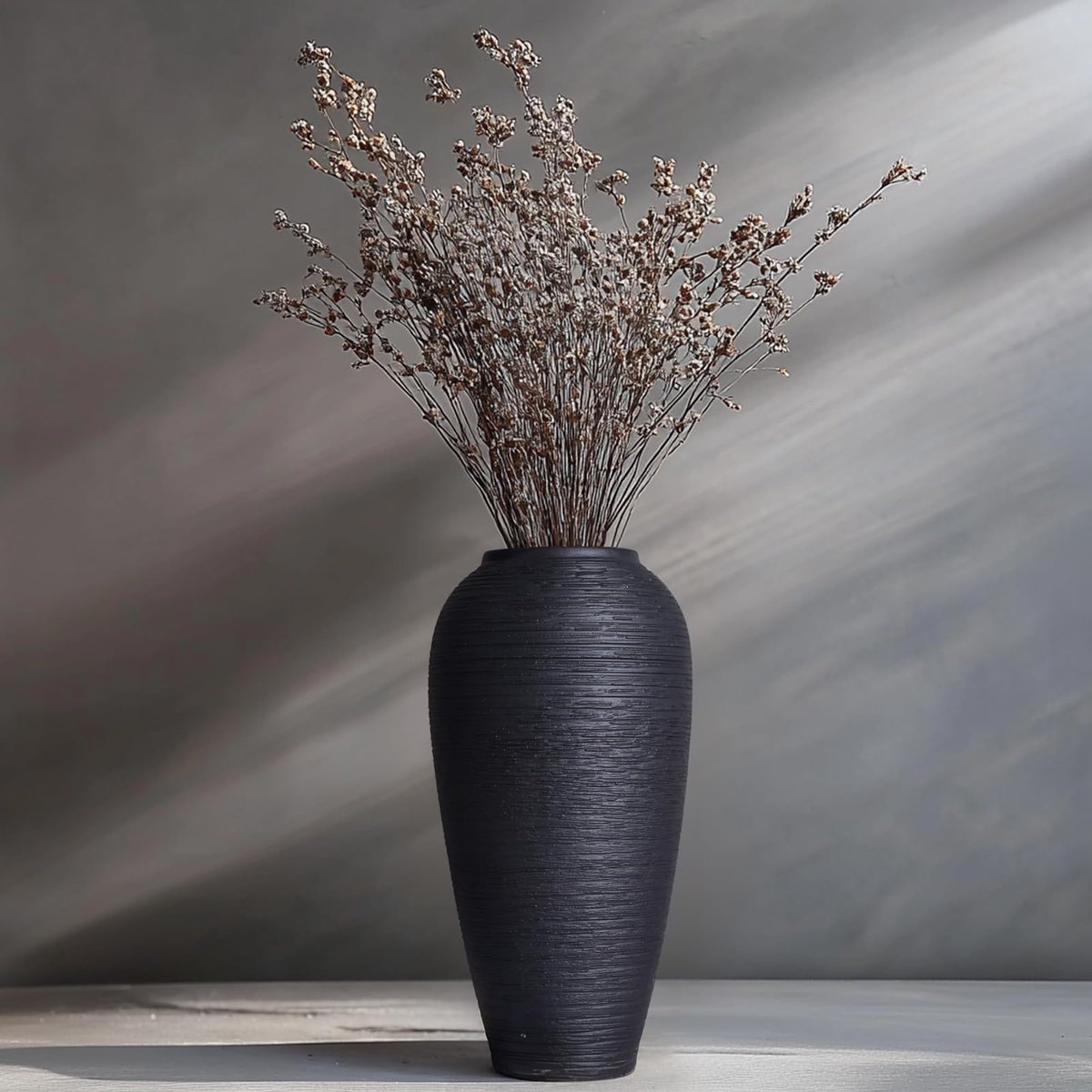 SnelShoppen - Rustieke keramische vaas 34 cm zwart - Hoge boerderij vaas - Grote vintage terracotta decoratieve vaas voor woonkamer, entree, tafelstuk