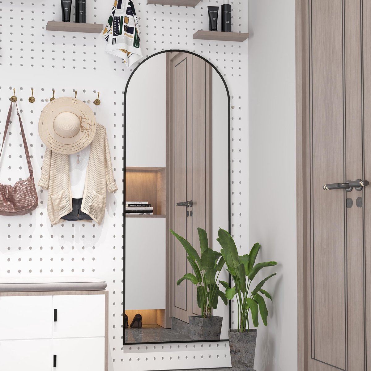 SnelShoppen - Elemango Spiegel in Volledige Lengte 162 x 53 cm - Full-Body Wandspiegel met Aluminium Frame - Gebogen Bovenkant - Staande en Leunende D