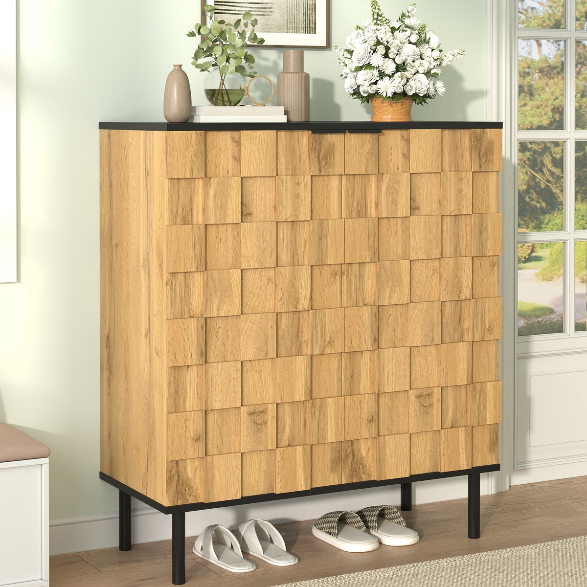 Schoenenkast - 2-deurs , verstelbare planken & metalen poten - 80x91,5x35 cm - Houtlook