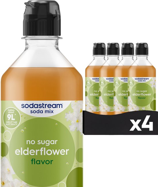 Vier flessen Sodastream elderflower frisdrankmix met een grotere fles vooraan.