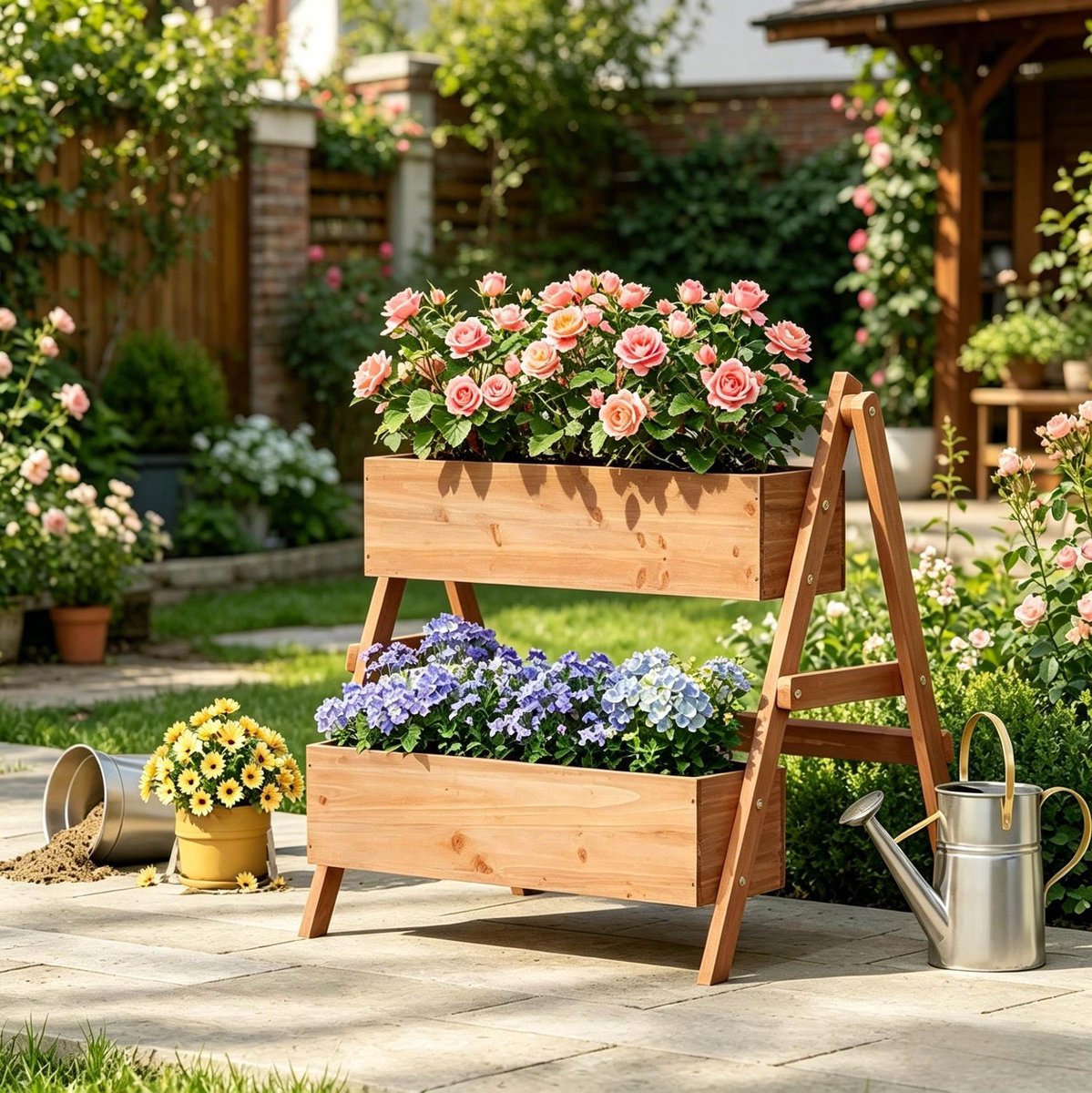 Moestuinbak Verhoogd Met Trapvormig Ontwerp - 80 X 62 X 68 Cm - Dennenhout - Bruin - Voor Bloemen, Groenten En Kruiden Met Stevige Steunen