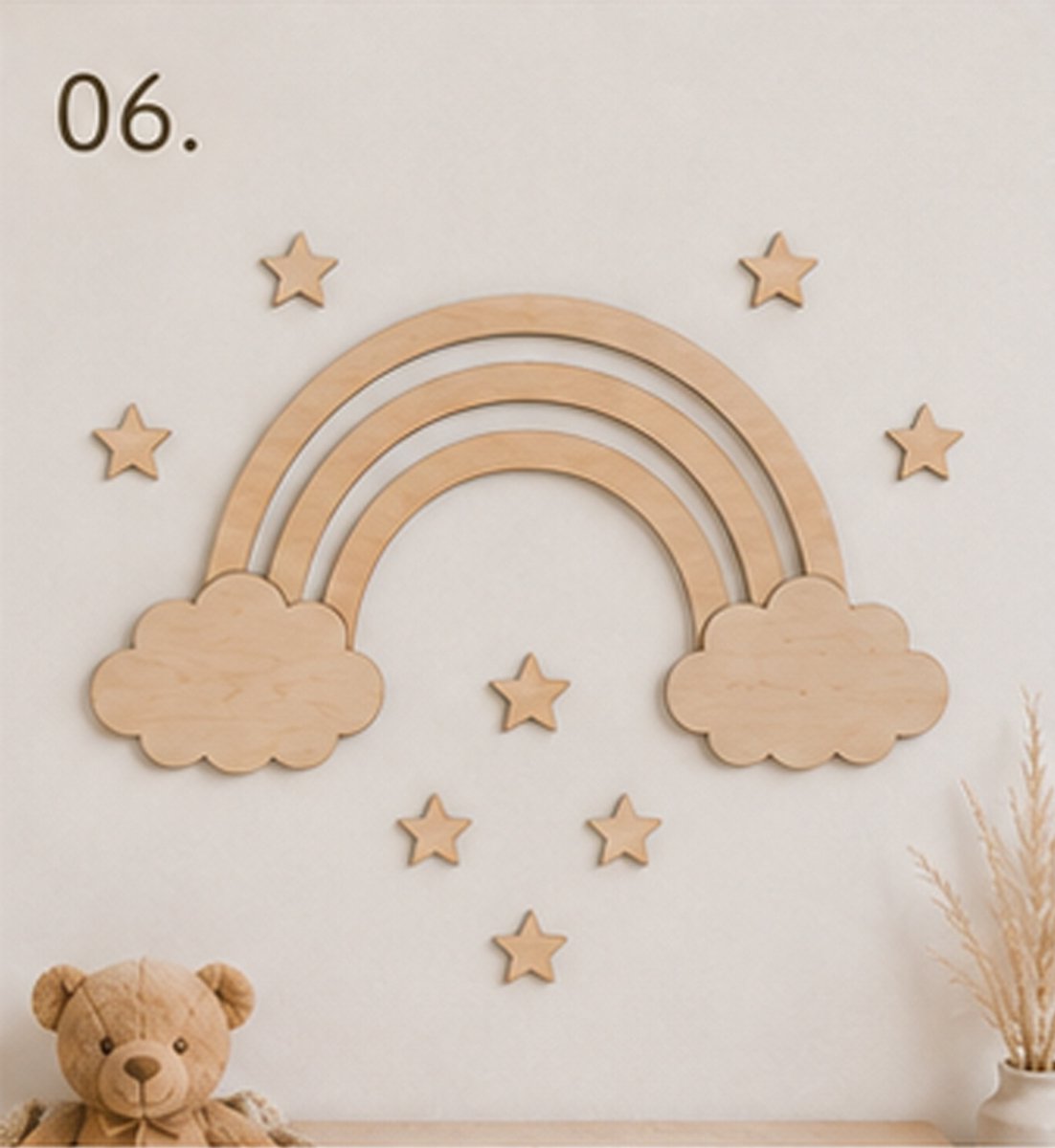 Model 06 – Houten Regenboog met Sterren | Scandinavische Babykamer Decoratie/babykamer/ babykameraccessories/ wanddecoratie/ walldecoration