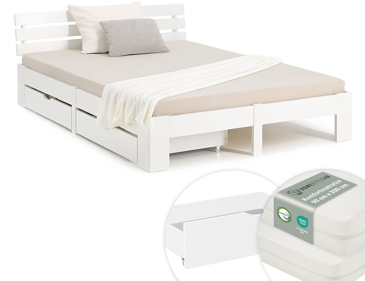 Homestyle4u Tweepersoonsbed - 180x200 cm - met Matras en 2 Bedbakken - Wit