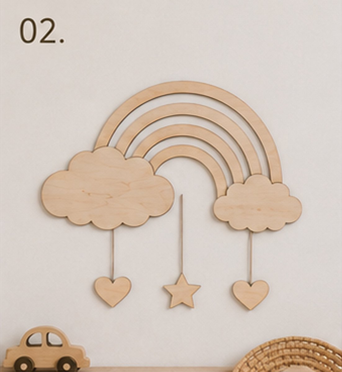 Model 02 – Houten Regenboog met Wolken en Hangers | Boho Babykamer Decoratie/ houten wanddecoratie/ wolken/ kinderkamer