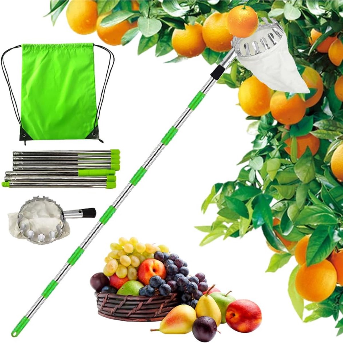 Fruitplukker met een diameter van 16 cm, 3m appelplukker, kersenplukker met katoenen zak, fruitplukker, fruitplukker voor kersen, pruimenplukker, fruitplukker voor ontoegankelijke plaatsen in