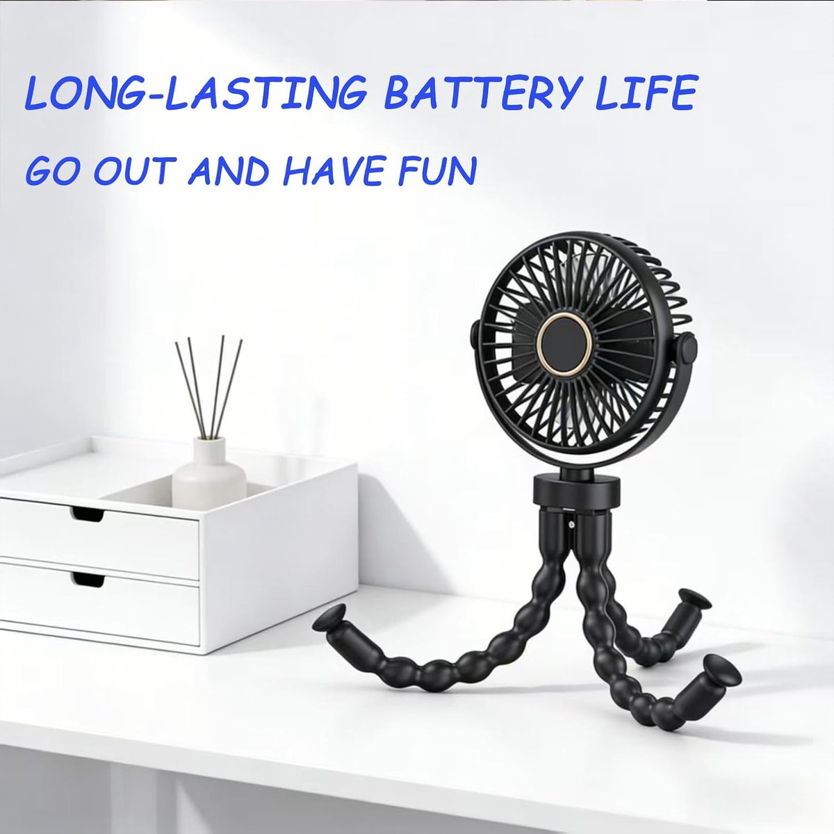 SnelShoppen - USB Draagbare Multi Scene Ventilator, Flexibele Ventilator met Zuignap en Hangfunctie, 3 Snelheden en 360° Rotatie, Voor Kinderwagen, Ta