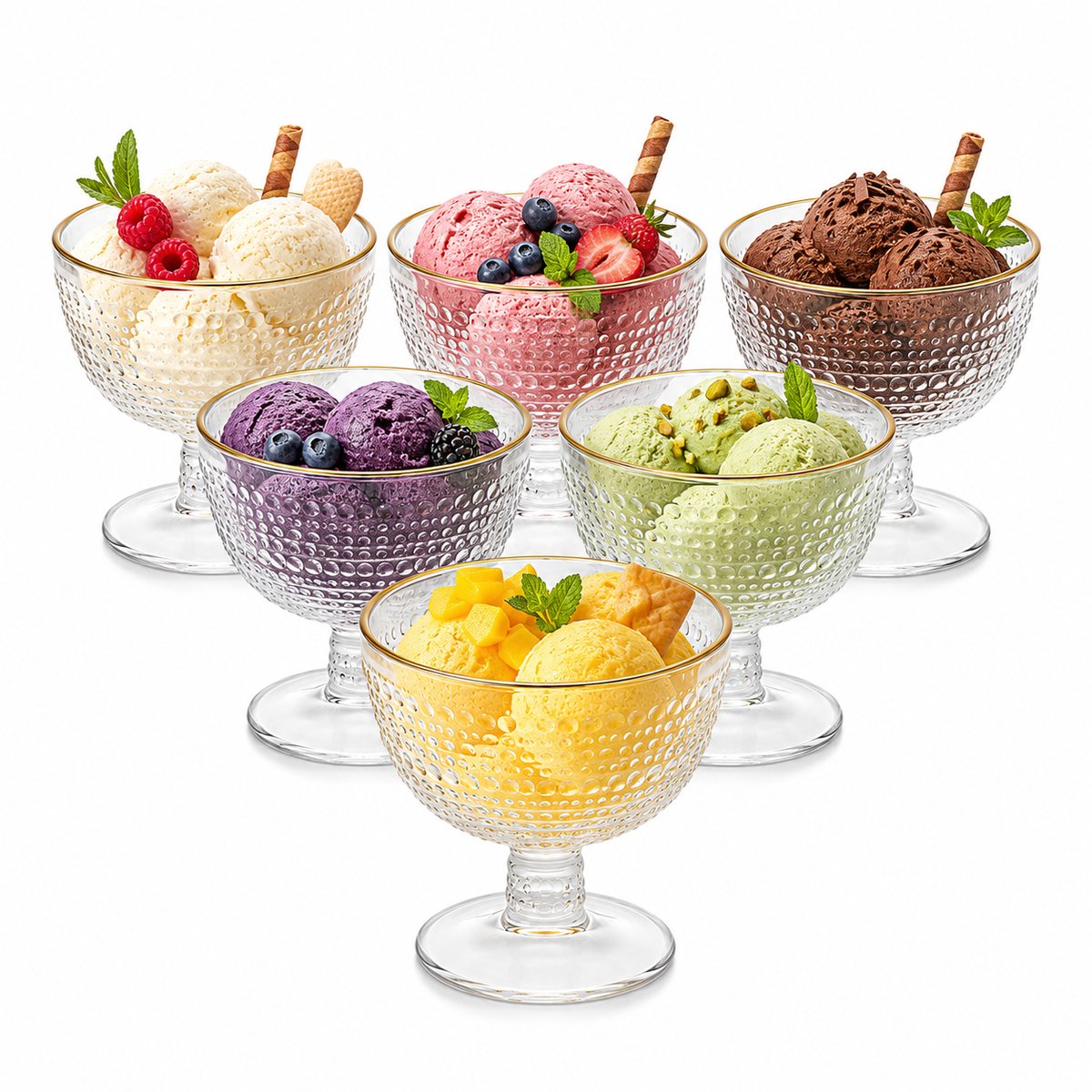 Glozini IJscoupe Set - Set van 6 - Dessertschalen op Voet - IJsbekers - Dessertkommen - Goud Randje