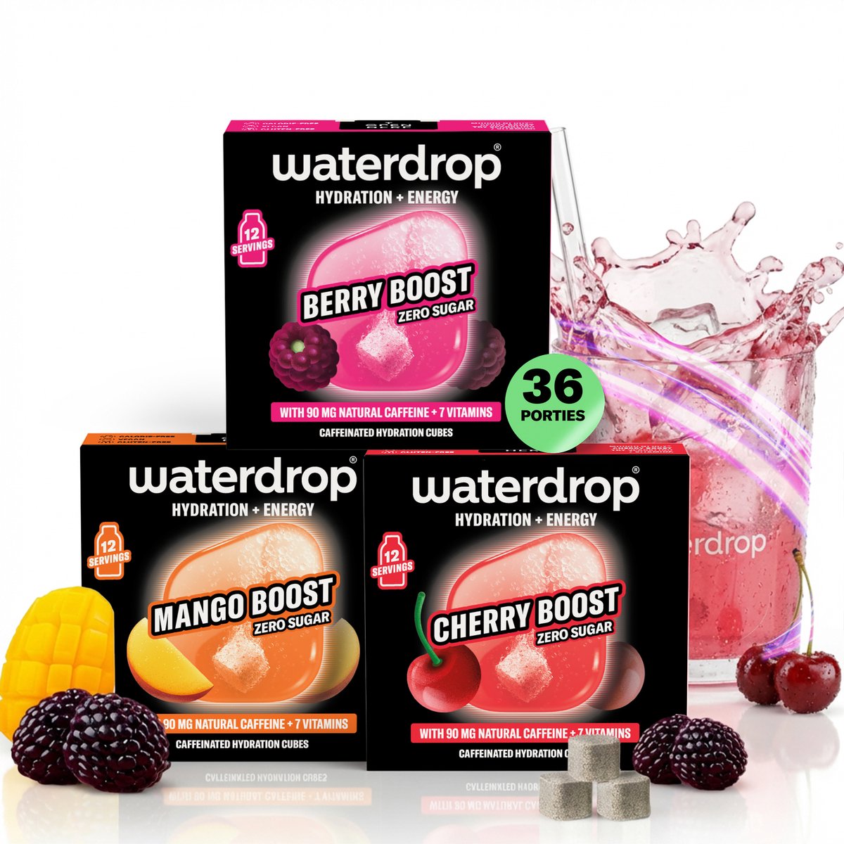waterdrop® Energy Drink – Mango, kers & braambes – 36 bruistabletten voor water met smaak en natuurlijke cafeïne – Suikervrije met 90 mg cafeïne – Zonder suiker, weinig calorieën – meer energie