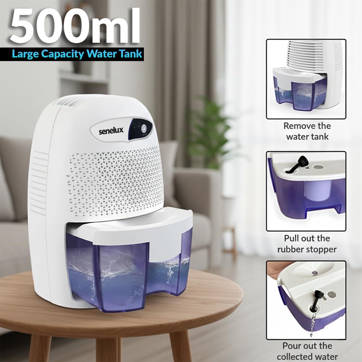 SnelShoppen - Krachtige Mini Luchtontvochtiger 500 ml - Stille en Efficiënte Vochtvanger voor Kleine Kamers, Badkamer, Kelder - Draagbaar en Compact