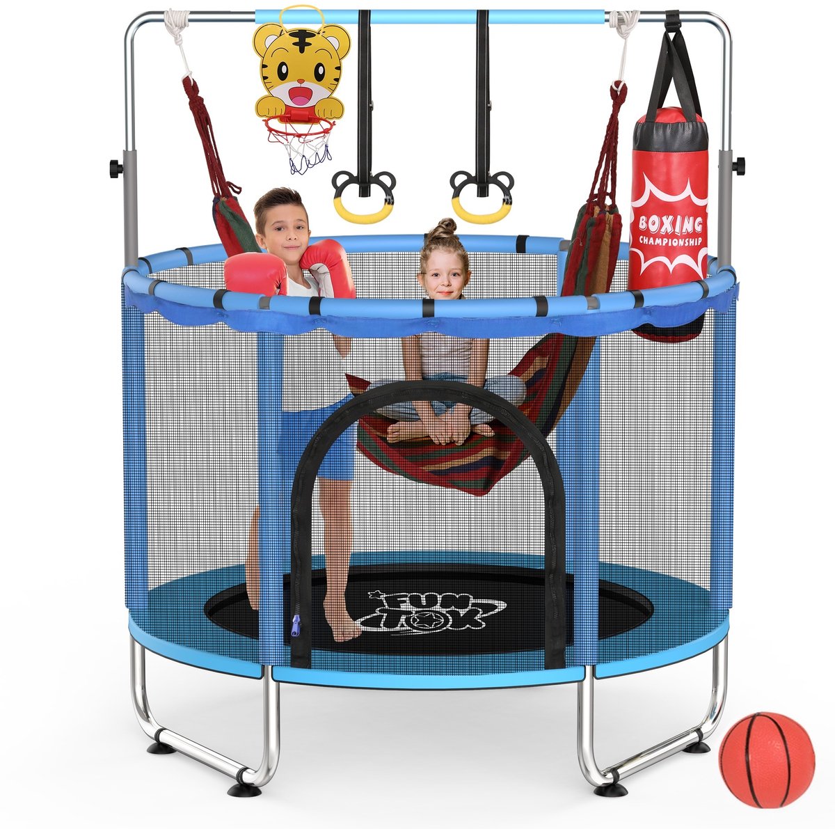 FUNTOK Kindertrampoline 140 cm - 4-in-1 Trampoline met Veiligheidsnet, Schommel, Basketbalring, Bokszak & Turnringen - Verstelbare Handgreep - Indoor & Outdoor - Max. 200 kg - Blauw/Roze