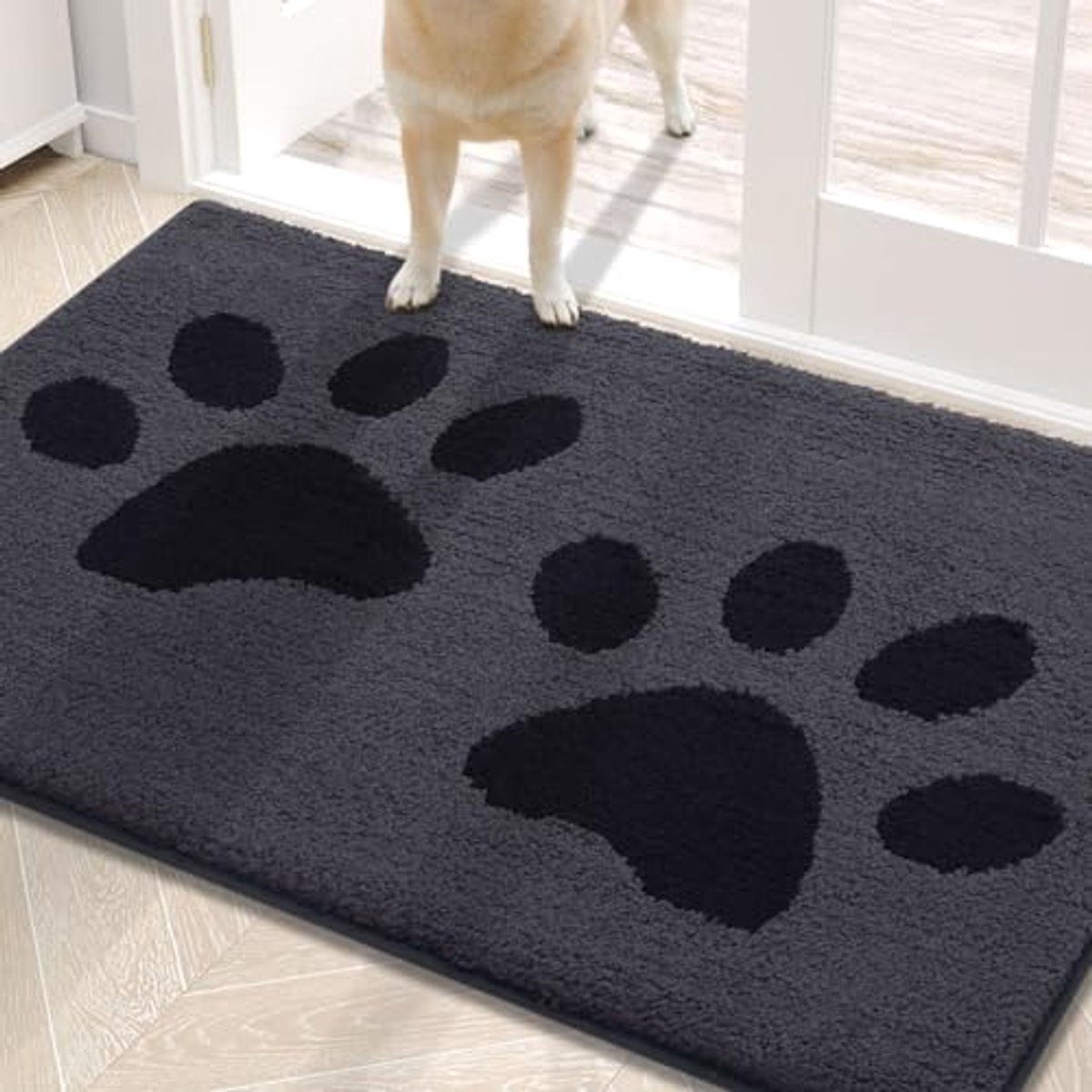 Olanly - Deurmat - Voor en achterdeurmat - Vuilafstotend en wasbaar - 51x76 cm - Donkergrijs met zwarte hondenpootafdruk