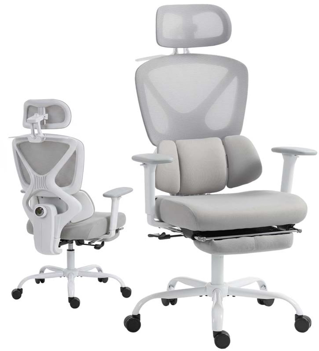TEKROA® Ergonomische Bureaustoel met Dynamische Lendensteun - Kantoorstoel met Voetensteun - 3D Armleuningen - Verstelbaar - 73x75x120-128cm - Grijs