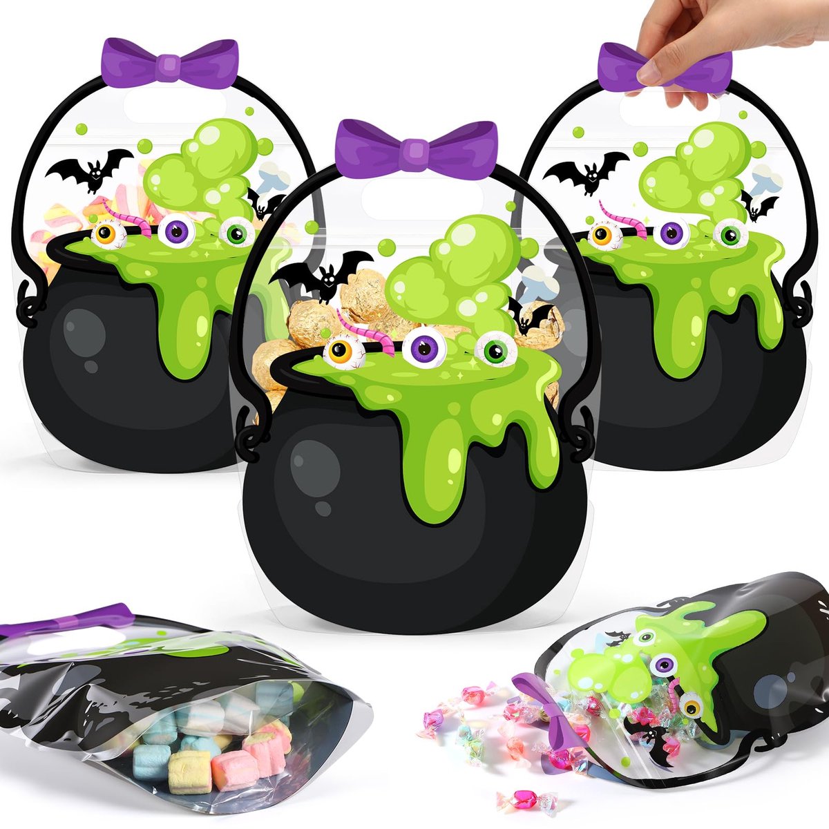 Namajunas - 25 PCS Halloween Uitdeelzakjes - Snoepzakjes - Cellofaanzakjes - Uitdeelzakjes Kinderfeestje - Snoepzakjes Transparant - Inpakzakjes - Uitdeelzakjes Snoep - Traktatie Zakjes - Halloween Decoratie - Met Handgrepen Hersluitbaar - Smeltkroes