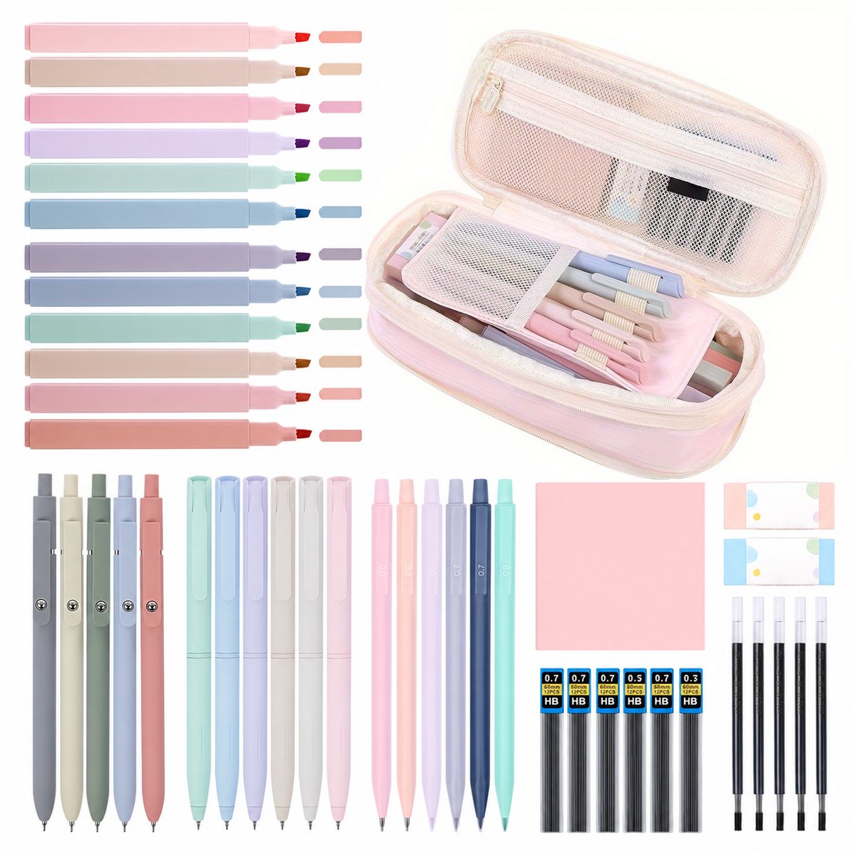 Schoolbenodigdheden Set met Cute Pennenzak - 44-delige Stationery Set voor College & Verpleegkundestudenten - 5 Gelpennen, 6 Vulpotloden, 12 Markeerstiften - Roze - 1 Set