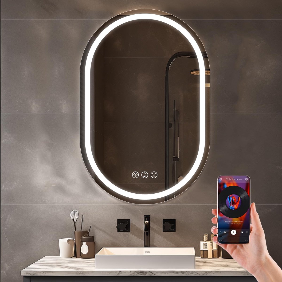 SnelShoppen - Bluetooth Ovale LED Badkamerspiegel 60x90 cm met Dimbare Verlichting, Anti-condens Touch, 3 Lichtkleuren, Geheugenfunctie en Bluetooth S