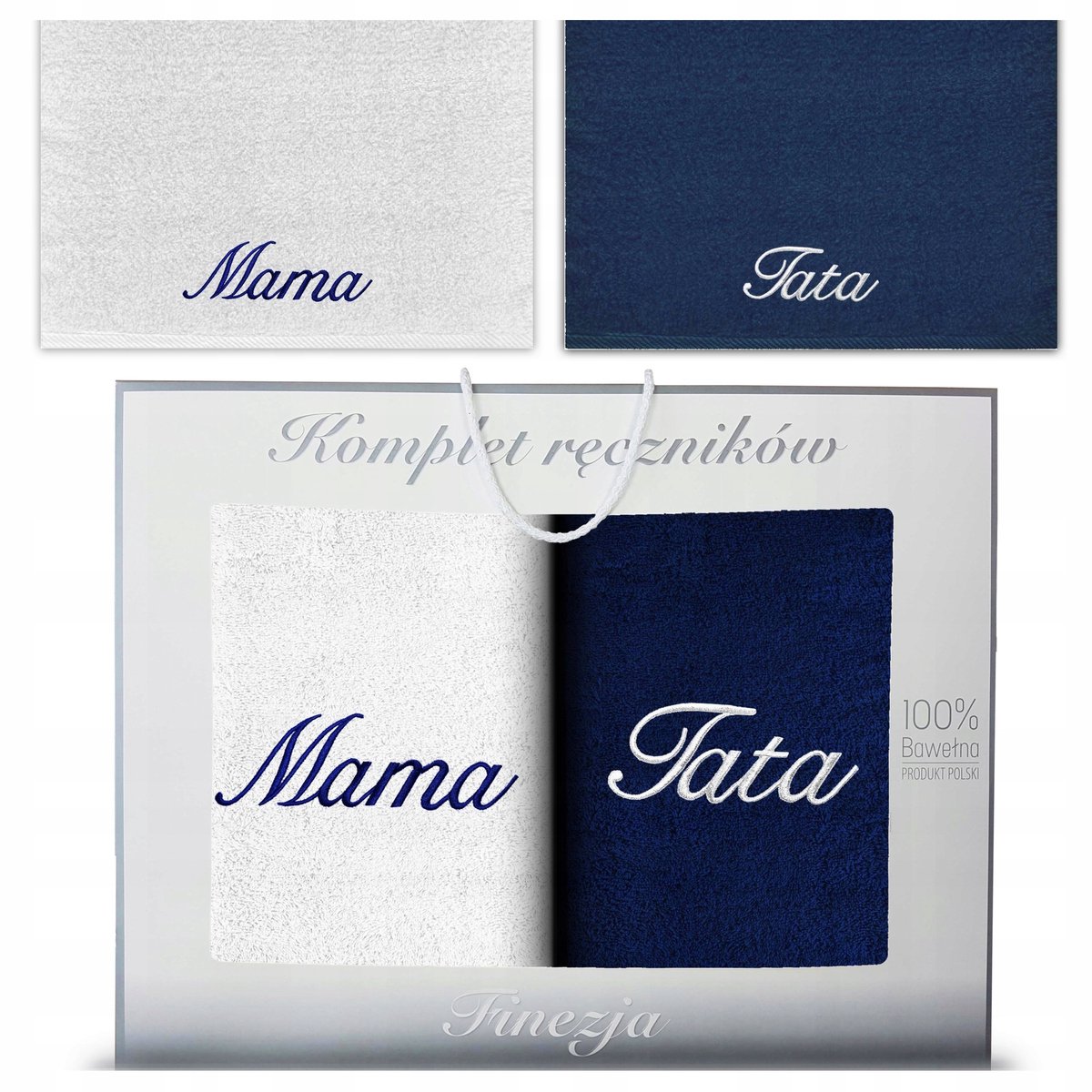 KONEY - Handdoekenset 2-delig - 2 x 70 x 140 cm - Marineblauw, Wit - met borduring Mama & Papa - in geschenkdoos