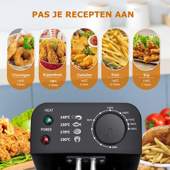 Zwarte friteuse met vijf mandjes met gefrituurde snacks: uienringen, kippenbouten, garnalen, friet en kip.