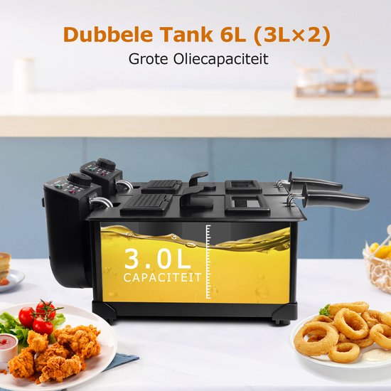 Zwarte dubbele friteuse met een glazen venster dat 3L olie toont. Gefrituurde kip en uienringen ernaast.