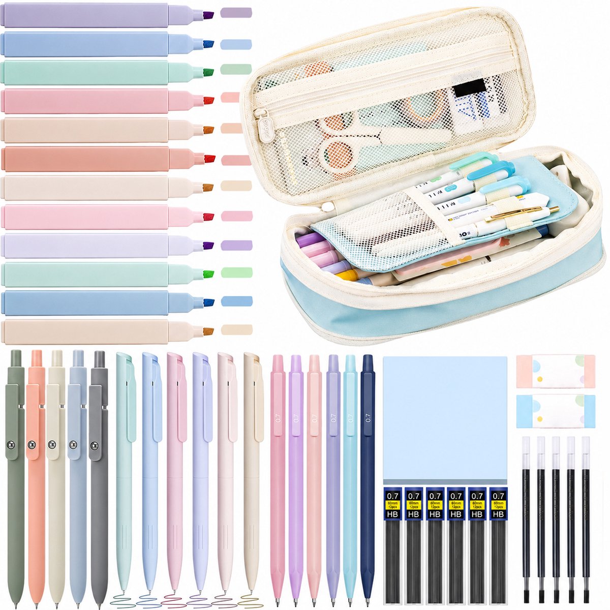 Schoolbenodigdheden Set met Cute Pennenzak - 44-delige Stationery Set voor College & Verpleegkundestudenten - 5 Gelpennen, 6 Vulpotloden, 12 Markeerstiften - Blauw - 1 Set